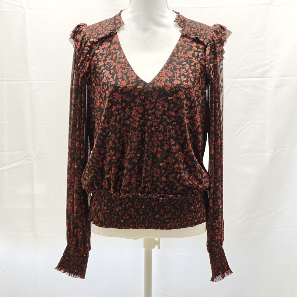 Evereve Womens L Black Floral Ruffle V Neck Smocked Waist Long Sleeve Blouse Top